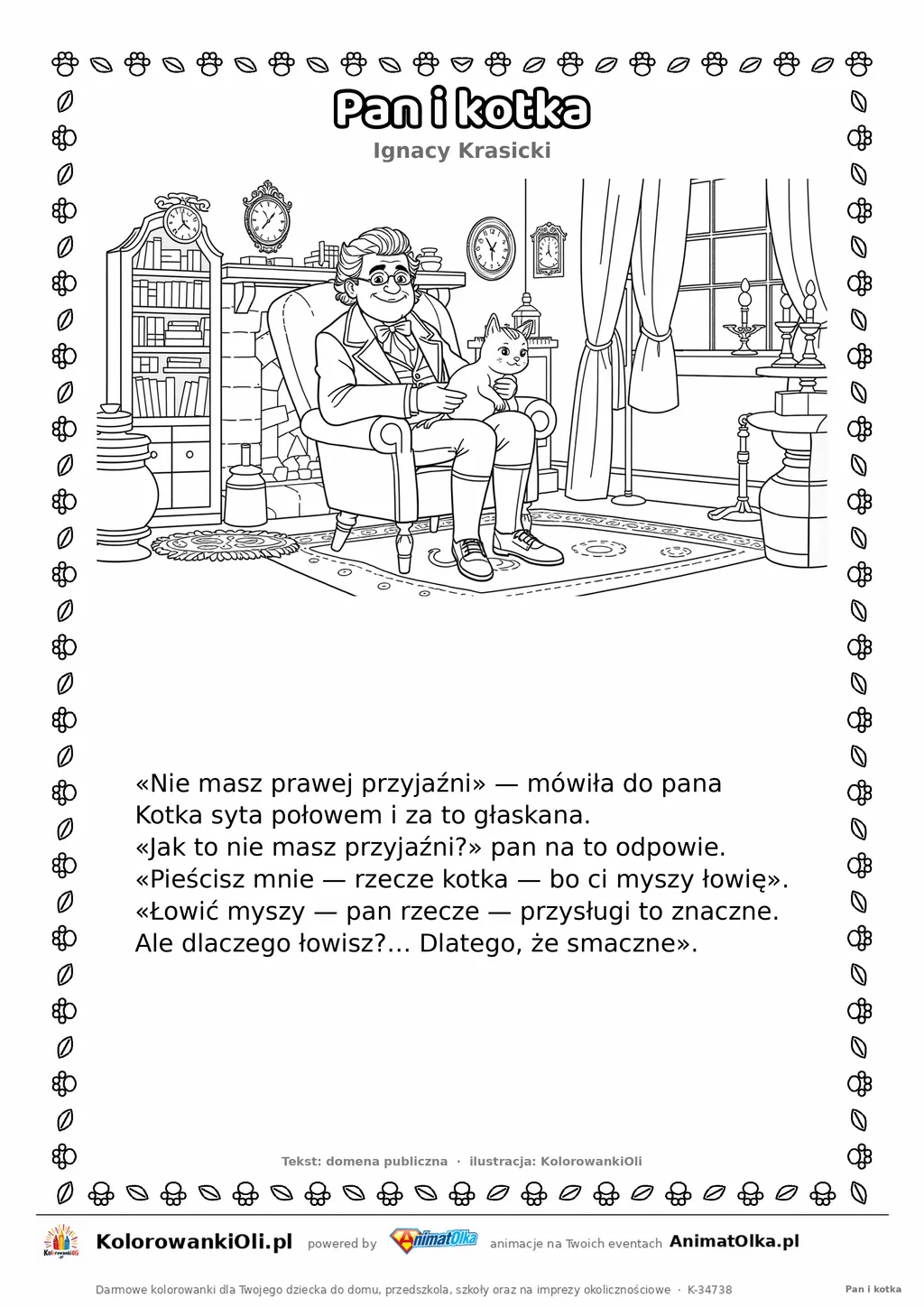 Pan i kotka (Ignacy Krasicki) — tekst wiersza i ilustracja do kolorowania, karta A4 do druku