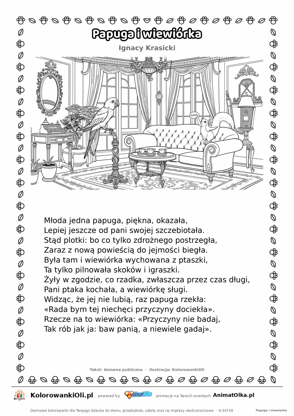 Papuga i wiewiórka (Ignacy Krasicki) — tekst wiersza i ilustracja do kolorowania, karta A4 do druku