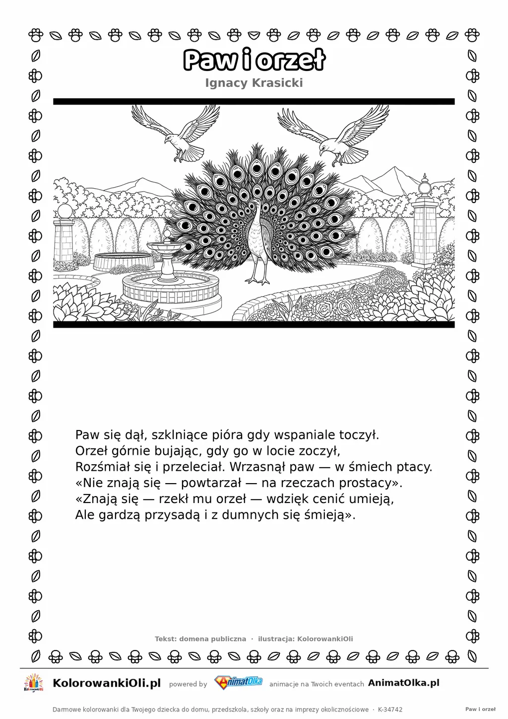 Paw i orzeł (Ignacy Krasicki) — tekst wiersza i ilustracja do kolorowania, karta A4 do druku