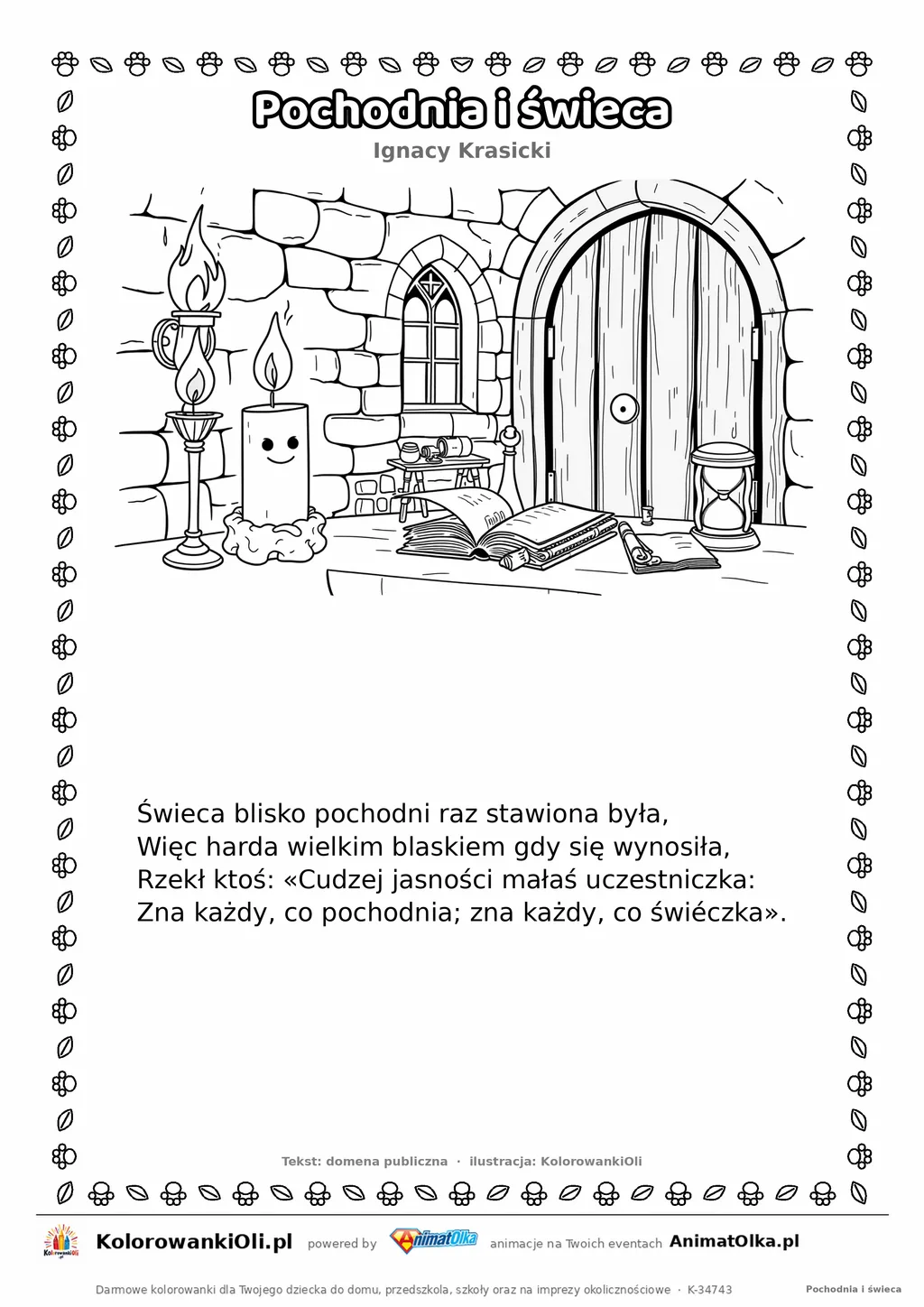 Pochodnia i świeca (Ignacy Krasicki) — tekst wiersza i ilustracja do kolorowania, karta A4 do druku