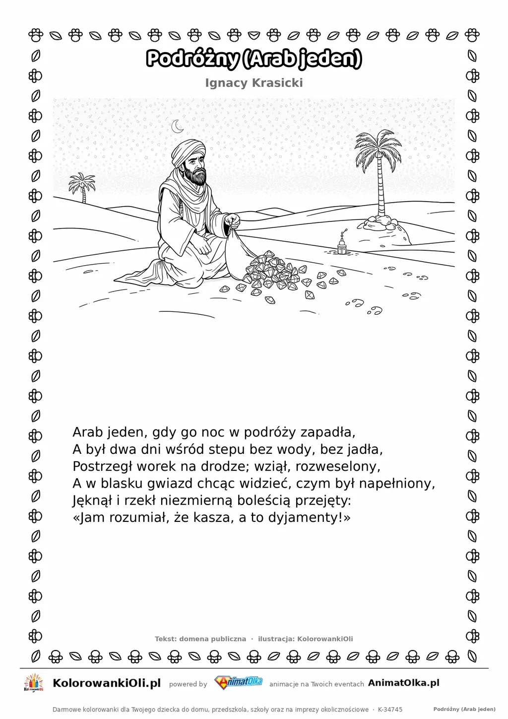Podróżny (Arab jeden) (Ignacy Krasicki) — tekst wiersza i ilustracja do kolorowania, karta A4 do druku