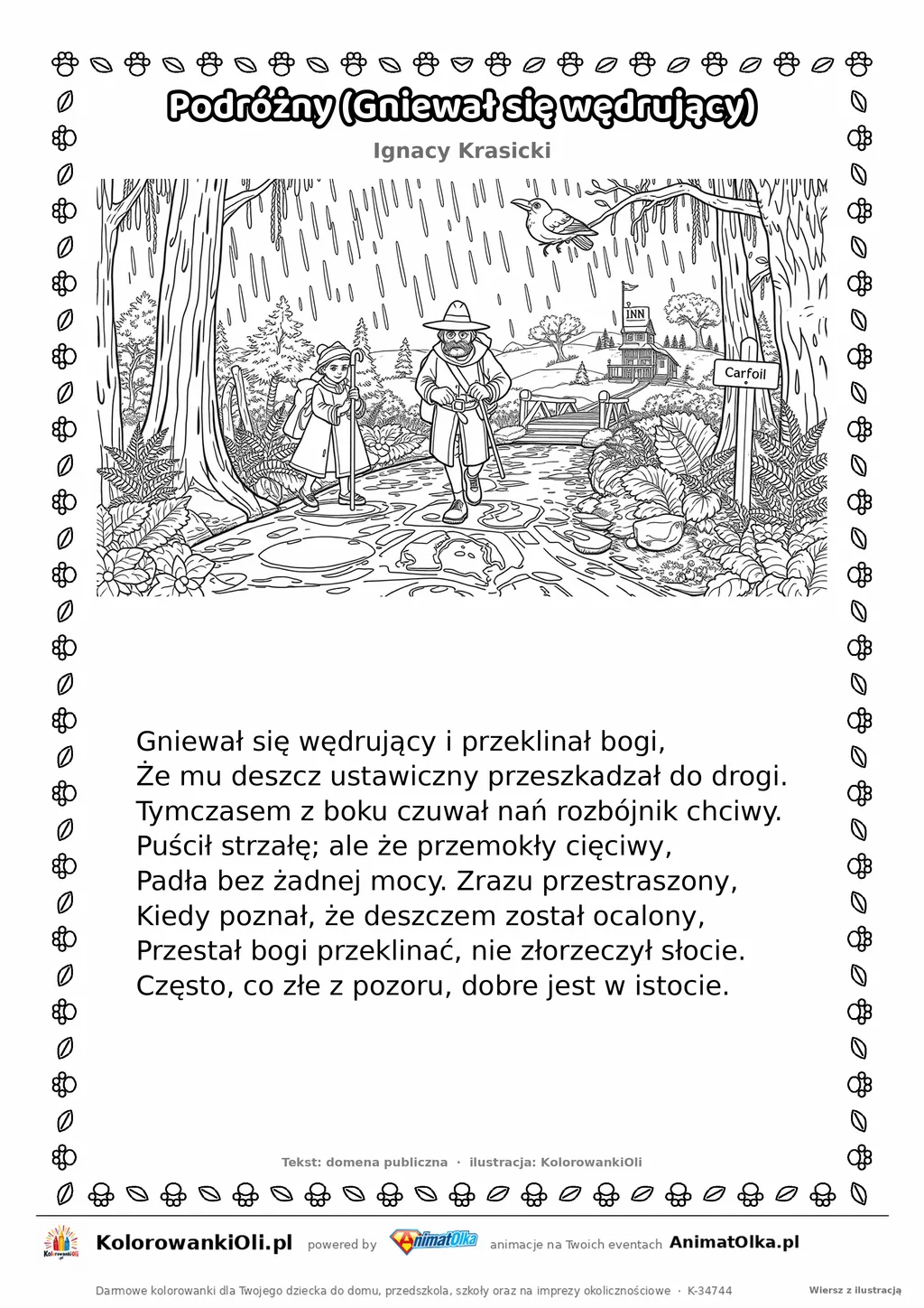 Podróżny (Gniewał się wędrujący) (Ignacy Krasicki) — tekst wiersza i ilustracja do kolorowania, karta A4 do druku