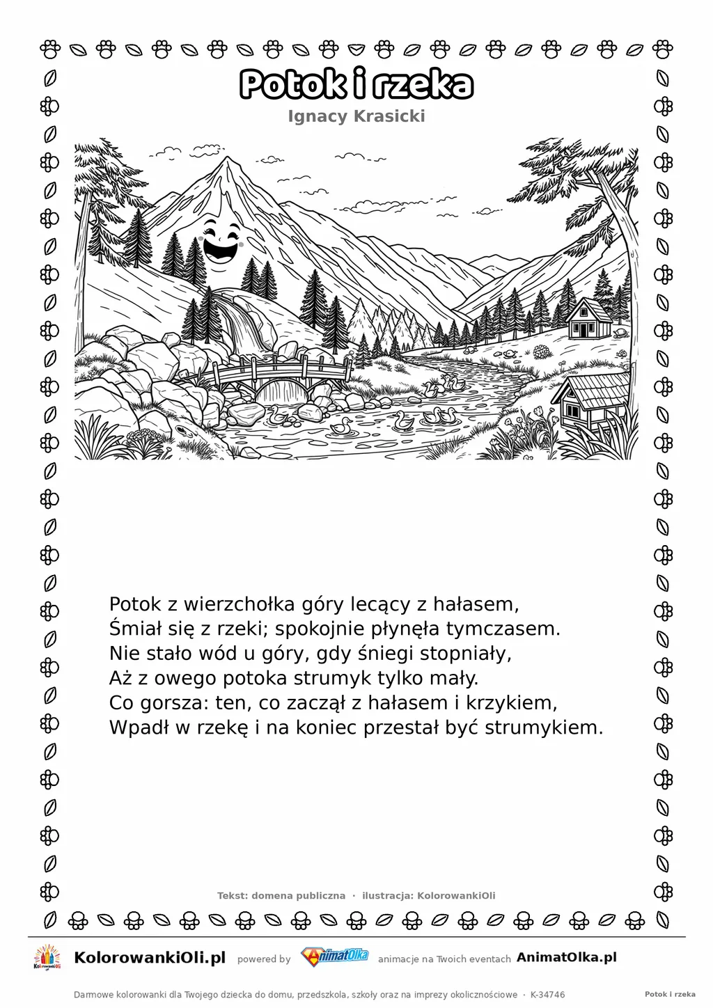 Potok i rzeka (Ignacy Krasicki) — tekst wiersza i ilustracja do kolorowania, karta A4 do druku