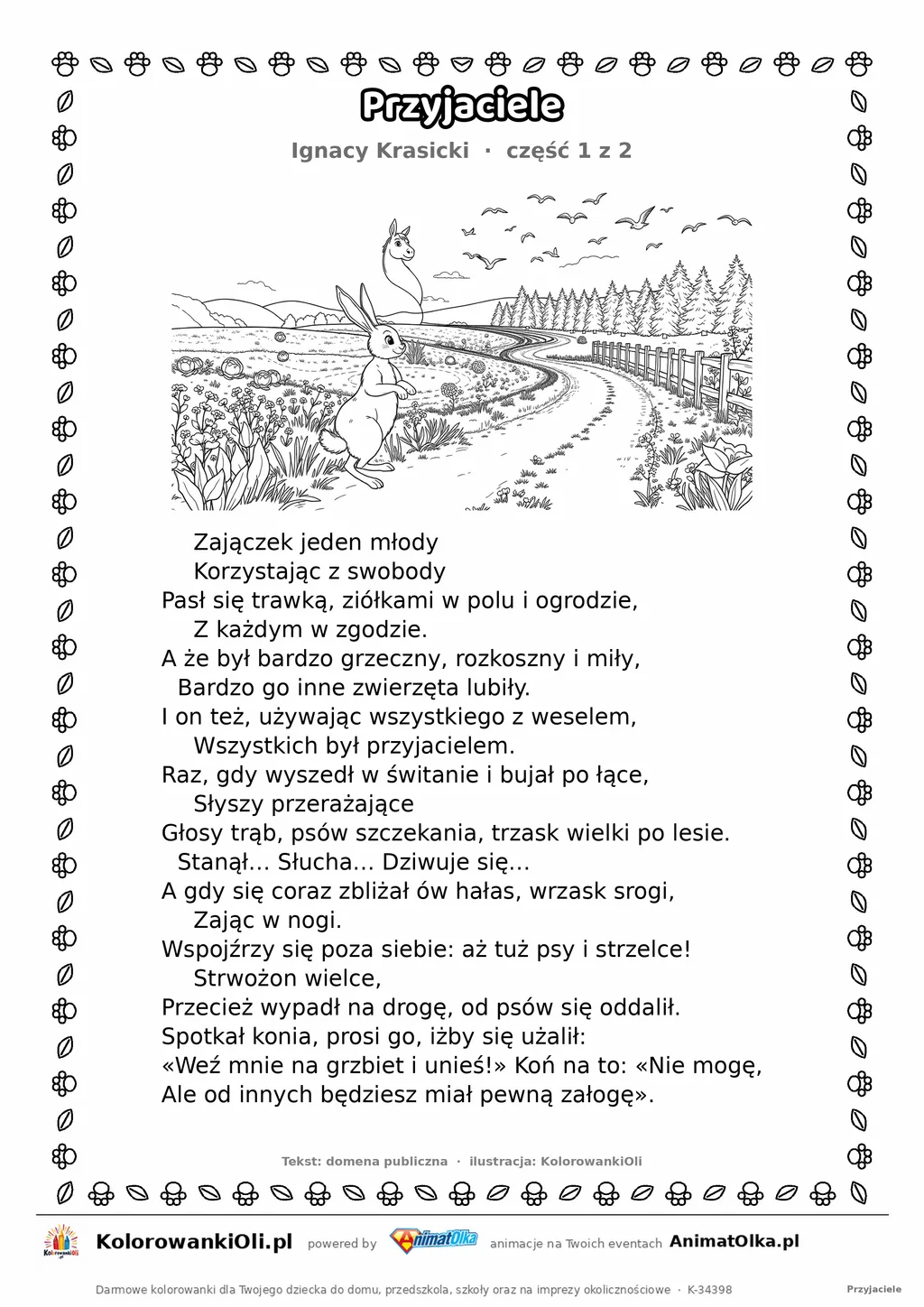 Przyjaciele (Ignacy Krasicki) — tekst wiersza i ilustracja do kolorowania (część 1 z 2), karta A4 do druku