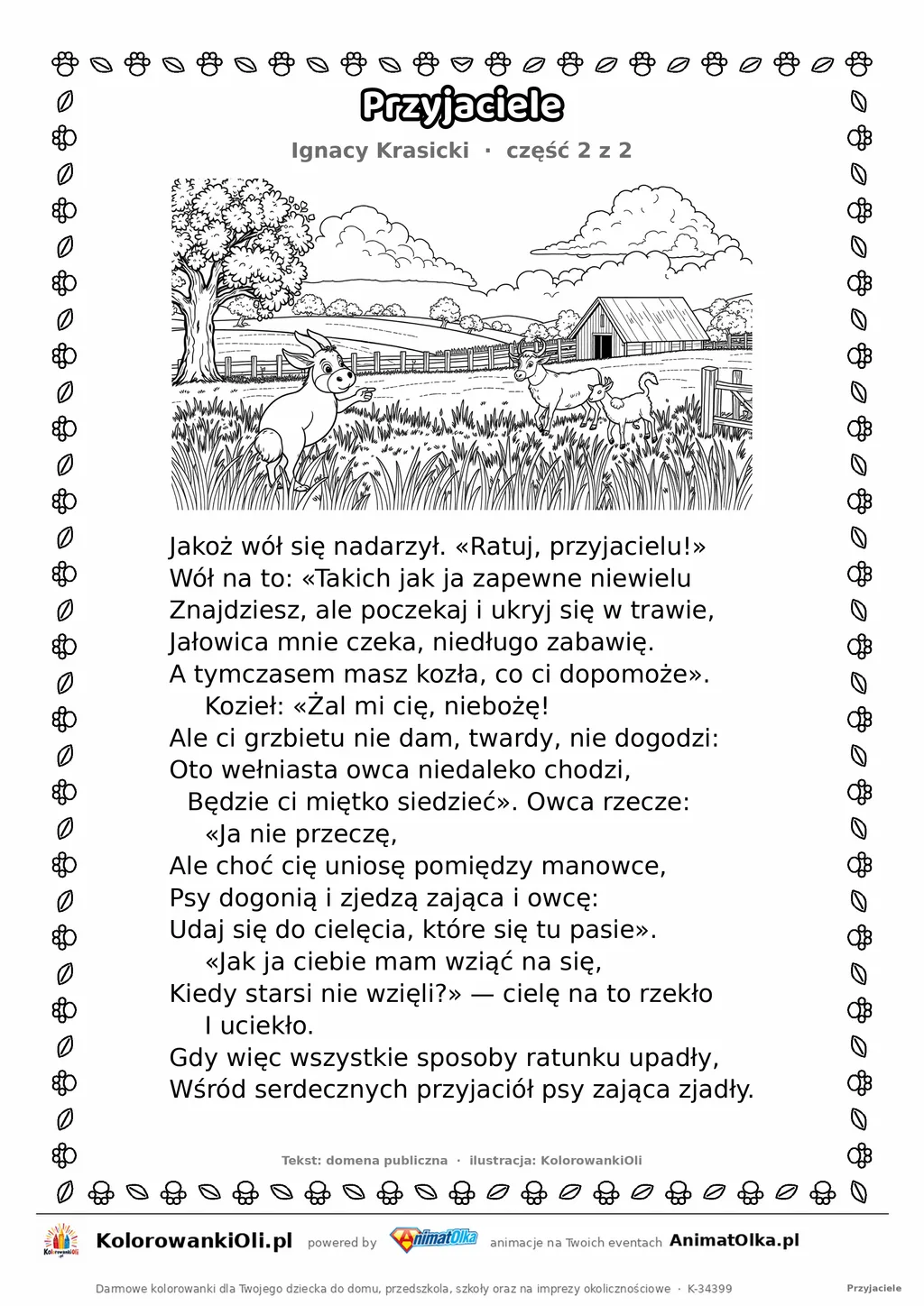 Przyjaciele (Ignacy Krasicki) — tekst wiersza i ilustracja do kolorowania (część 2 z 2), karta A4 do druku