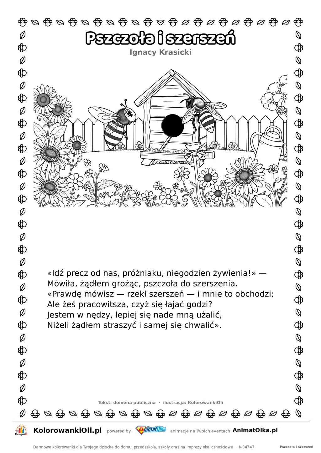 Pszczoła i szerszeń (Ignacy Krasicki) — tekst wiersza i ilustracja do kolorowania, karta A4 do druku