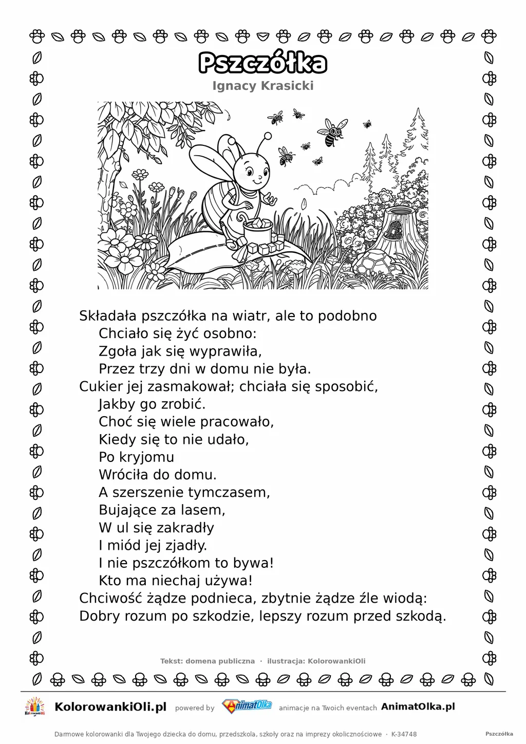 Pszczółka (Ignacy Krasicki) — tekst wiersza i ilustracja do kolorowania, karta A4 do druku