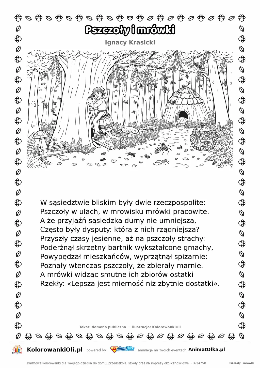 Pszczoły i mrówki (Ignacy Krasicki) — tekst wiersza i ilustracja do kolorowania, karta A4 do druku