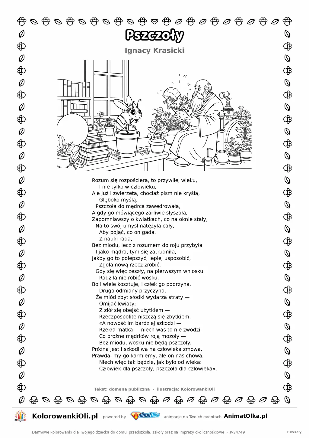 Pszczoły (Ignacy Krasicki) — tekst wiersza i ilustracja do kolorowania, karta A4 do druku