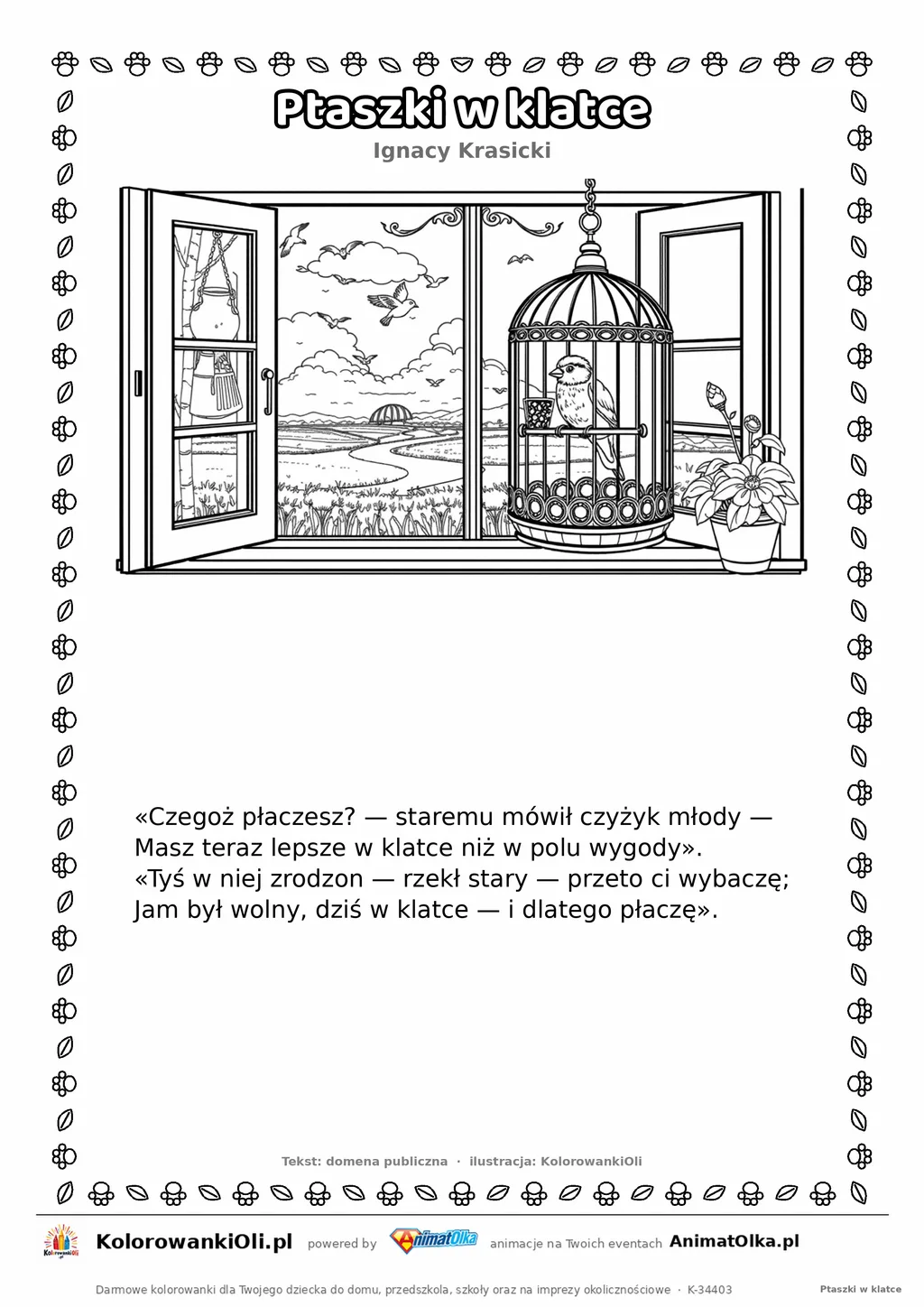 Ptaszki w klatce (Ignacy Krasicki) — tekst wiersza i ilustracja do kolorowania, karta A4 do druku