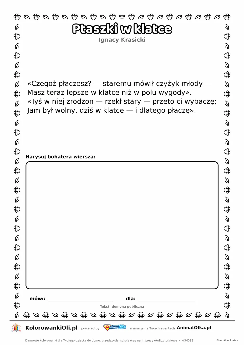 Ptaszki w klatce (Ignacy Krasicki) — tekst wiersza do druku A4 z ramką do pokolorowania