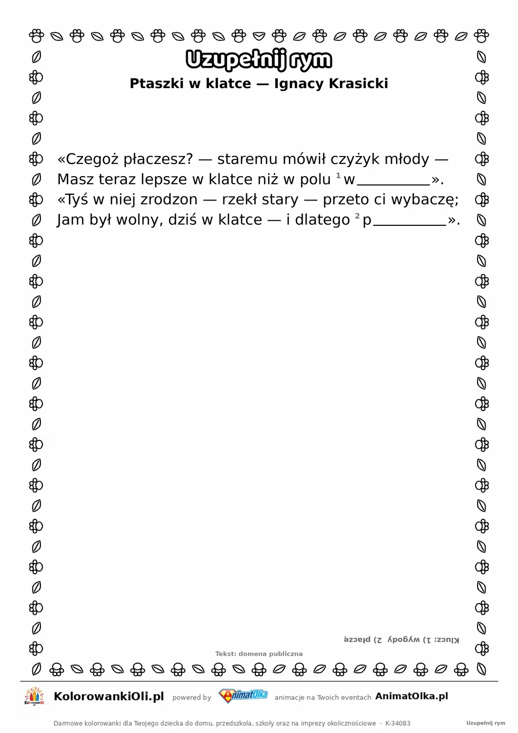 Uzupełnij rym — Ptaszki w klatce (Ignacy Krasicki): karta pracy z lukami w rymach, A4