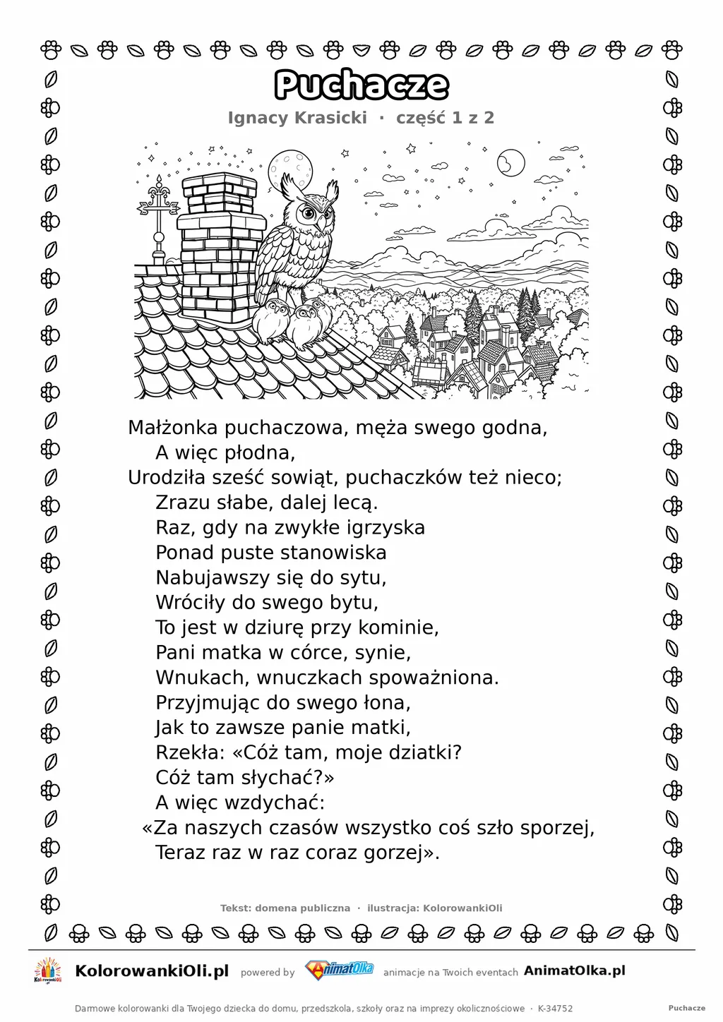 Puchacze (Ignacy Krasicki) — tekst wiersza i ilustracja do kolorowania (część 1 z 2), karta A4 do druku