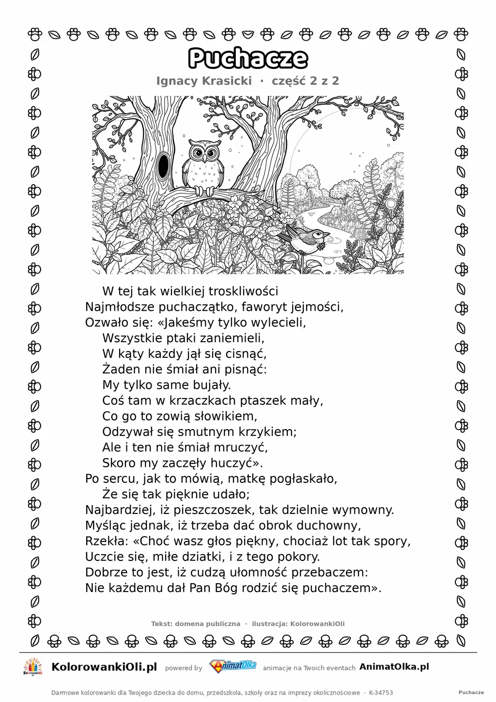 Puchacze (Ignacy Krasicki) — tekst wiersza i ilustracja do kolorowania (część 2 z 2), karta A4 do druku
