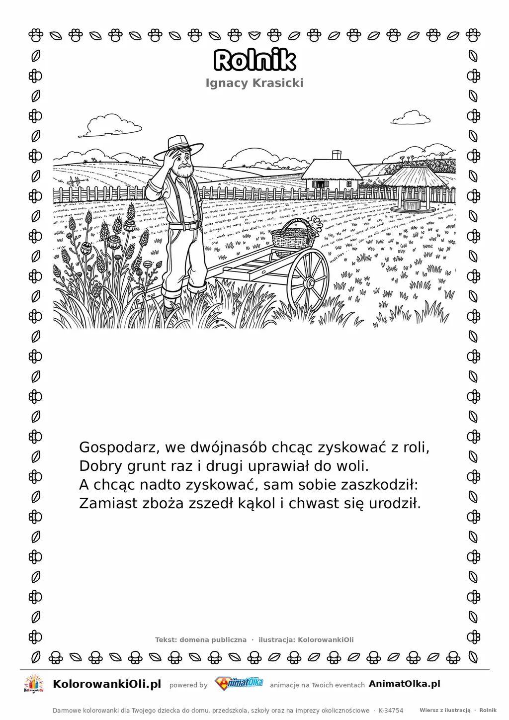 Rolnik (Ignacy Krasicki) — tekst wiersza i ilustracja do kolorowania, karta A4 do druku
