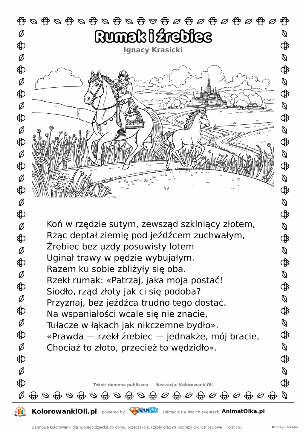 Rumak i źrebiec (Ignacy Krasicki) — tekst wiersza i ilustracja do kolorowania, karta A4 do druku