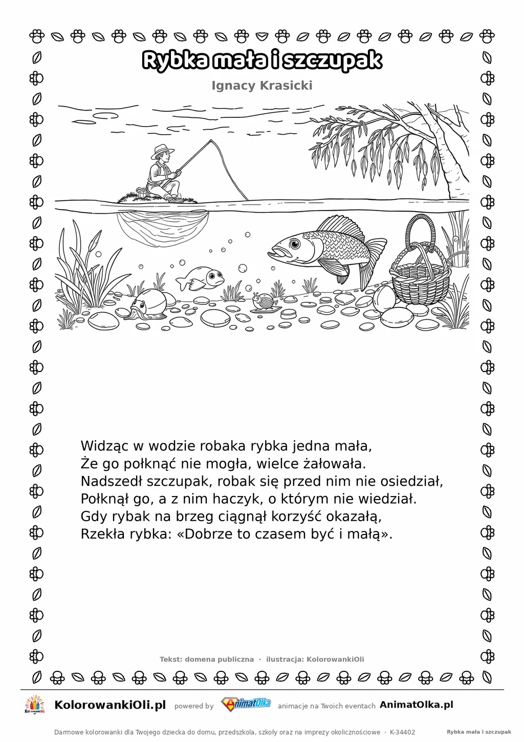 Rybka mała i szczupak (Ignacy Krasicki) — tekst wiersza i ilustracja do kolorowania, karta A4 do druku