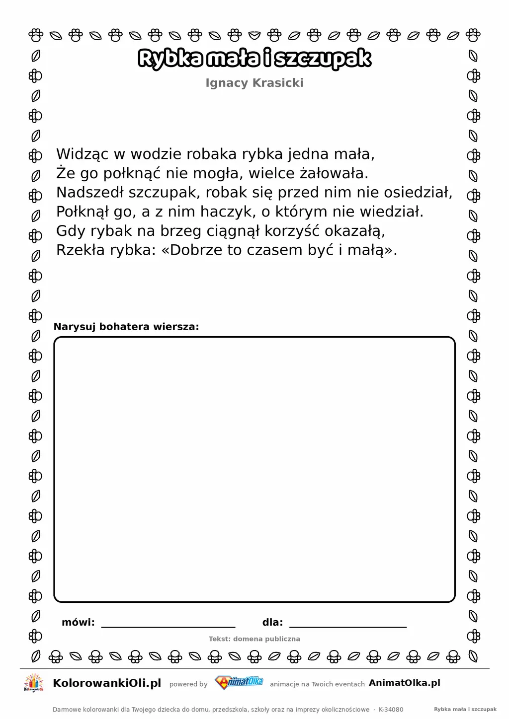 Rybka mała i szczupak (Ignacy Krasicki) — tekst wiersza do druku A4 z ramką do pokolorowania