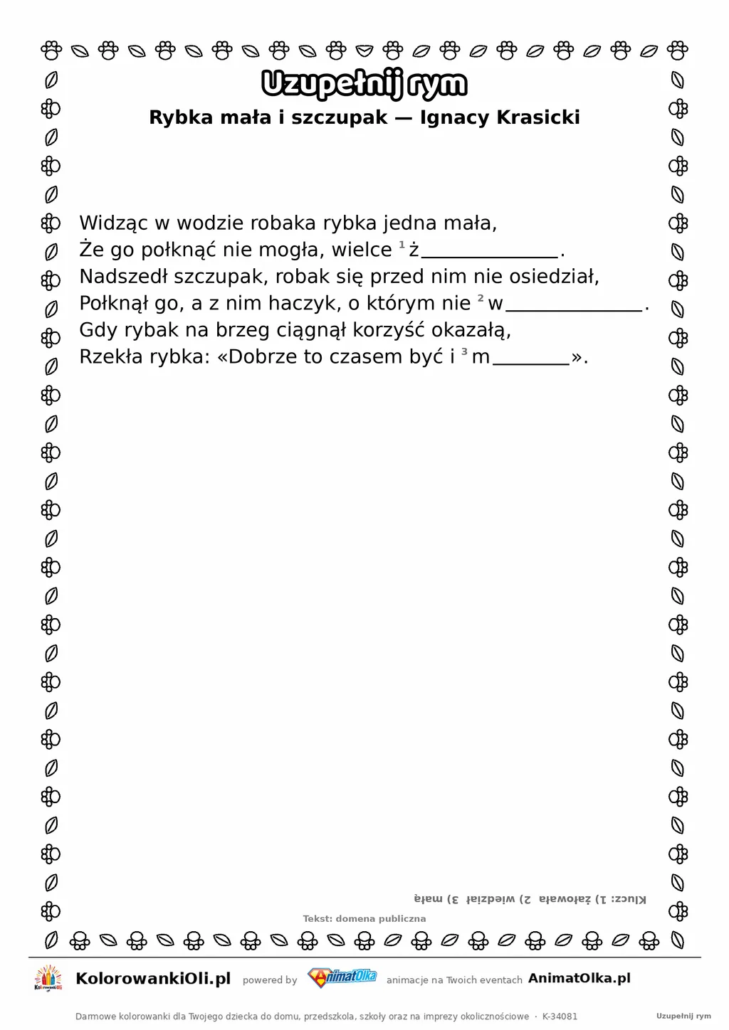 Uzupełnij rym — Rybka mała i szczupak (Ignacy Krasicki): karta pracy z lukami w rymach, A4