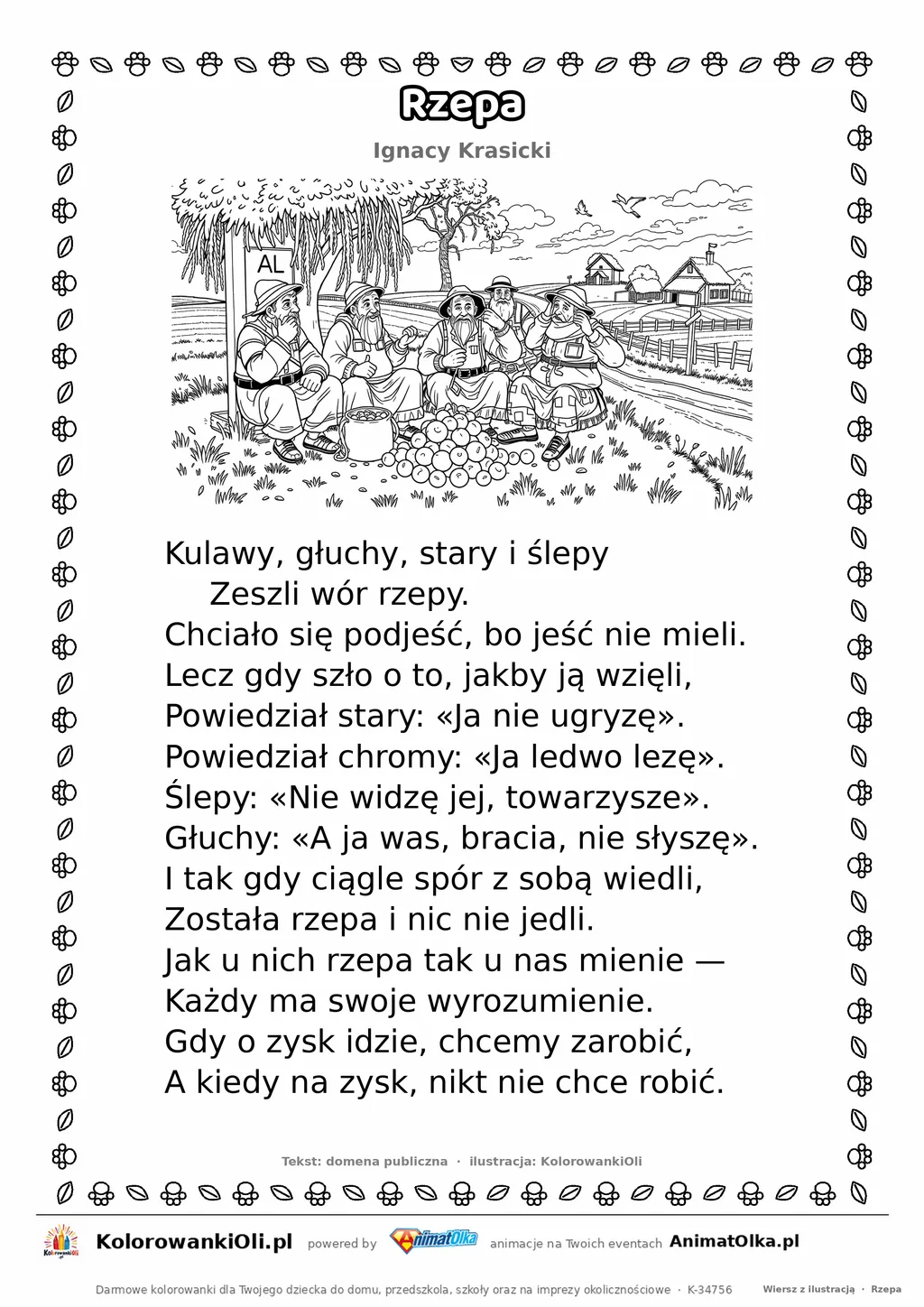 Rzepa (Ignacy Krasicki) — tekst wiersza i ilustracja do kolorowania, karta A4 do druku