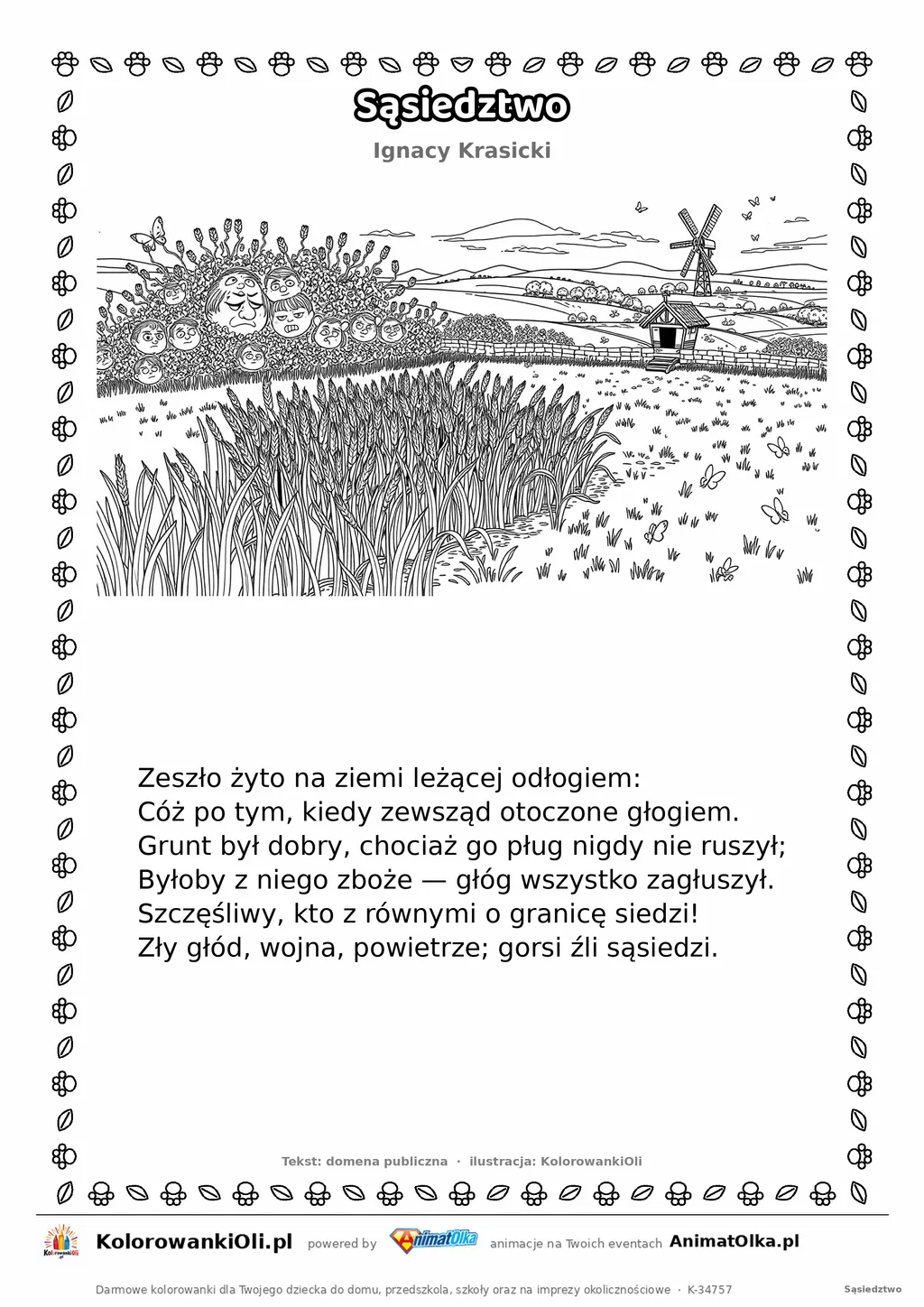 Sąsiedztwo (Ignacy Krasicki) — tekst wiersza i ilustracja do kolorowania, karta A4 do druku
