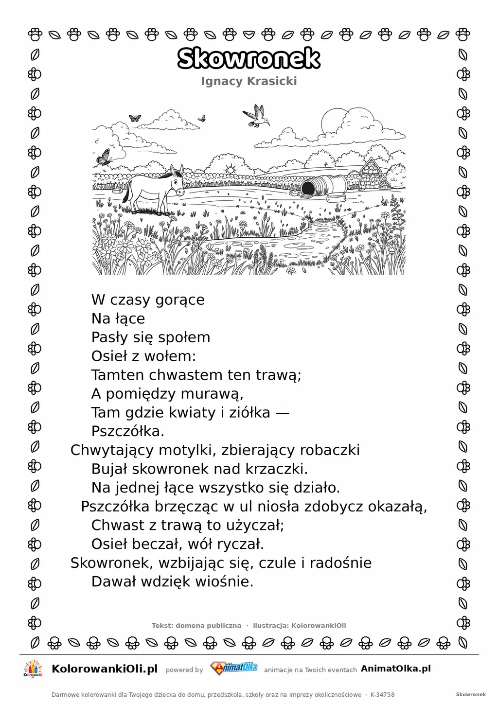Skowronek (Ignacy Krasicki) — tekst wiersza i ilustracja do kolorowania, karta A4 do druku