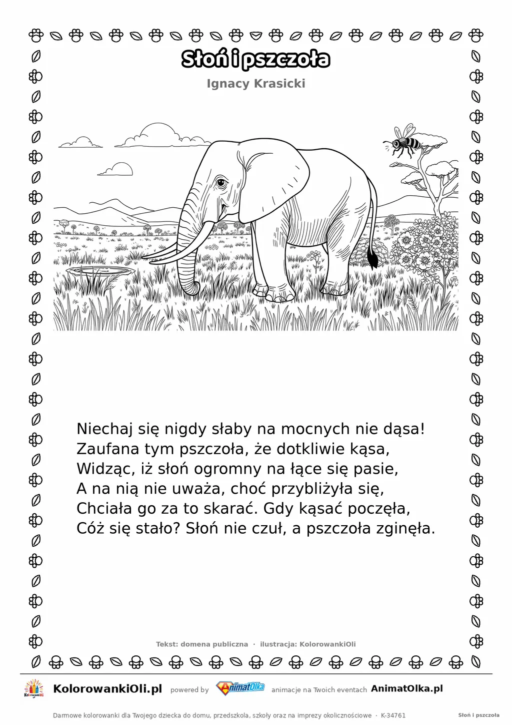 Słoń i pszczoła (Ignacy Krasicki) — tekst wiersza i ilustracja do kolorowania, karta A4 do druku