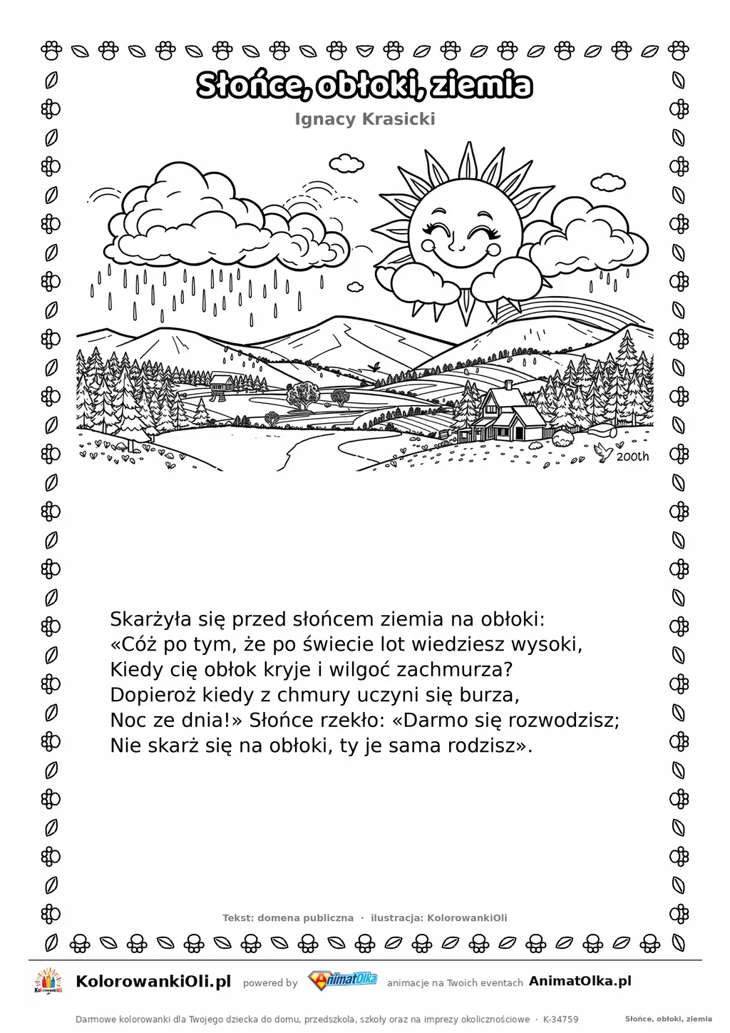 Słońce, obłoki, ziemia (Ignacy Krasicki) — tekst wiersza i ilustracja do kolorowania, karta A4 do druku