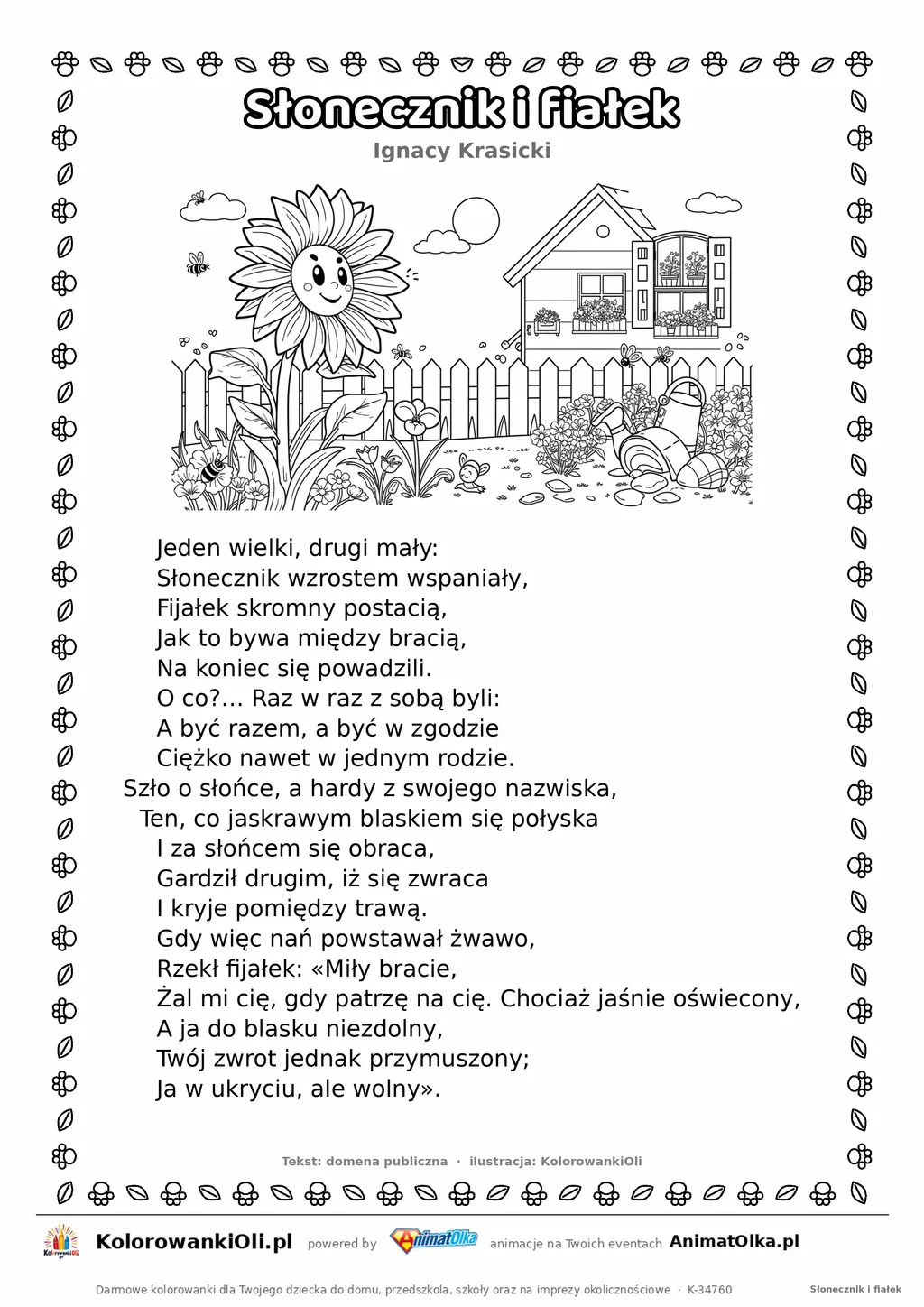 Słonecznik i fiałek (Ignacy Krasicki) — tekst wiersza i ilustracja do kolorowania, karta A4 do druku