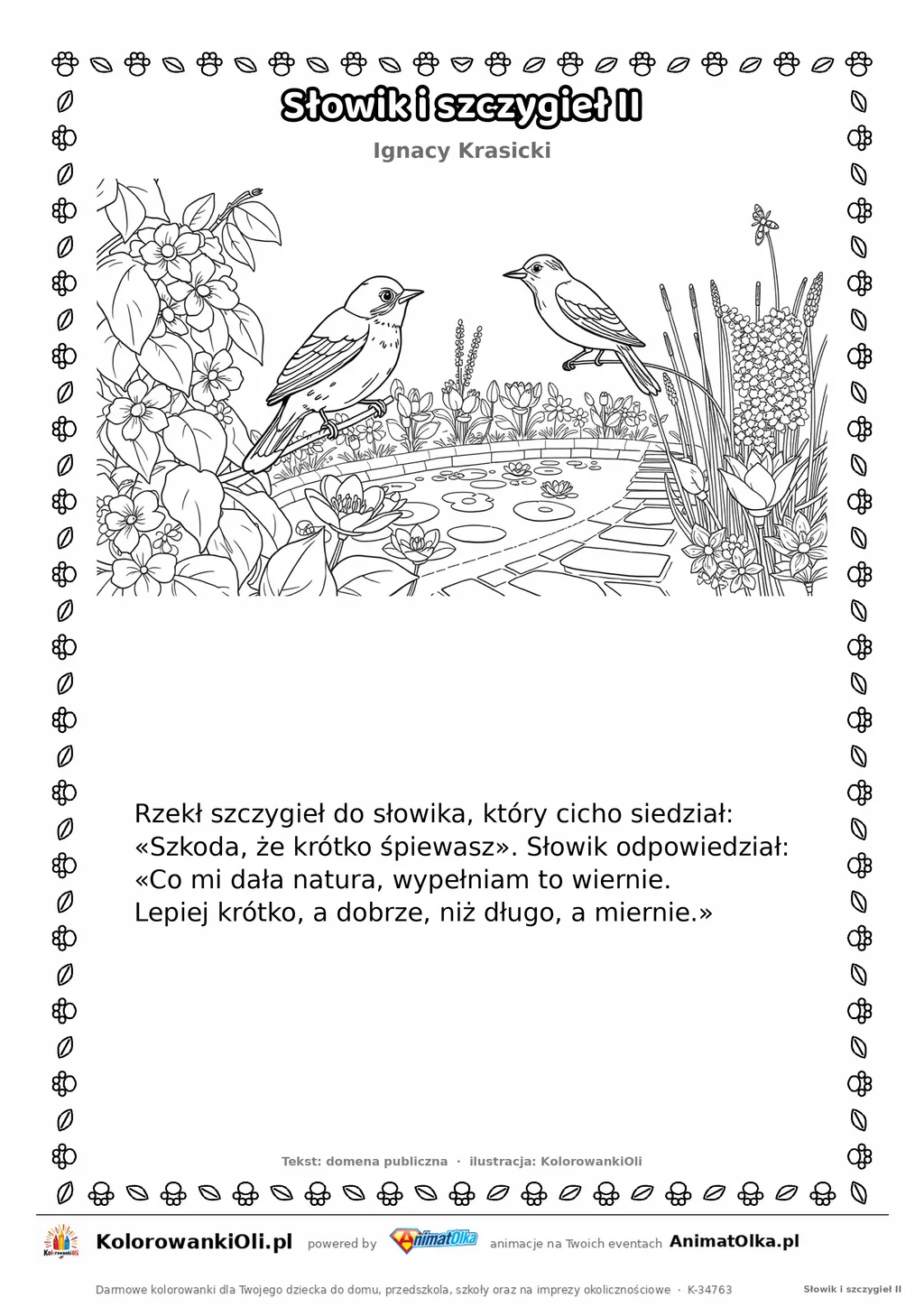 Słowik i szczygieł II (Ignacy Krasicki) — tekst wiersza i ilustracja do kolorowania, karta A4 do druku
