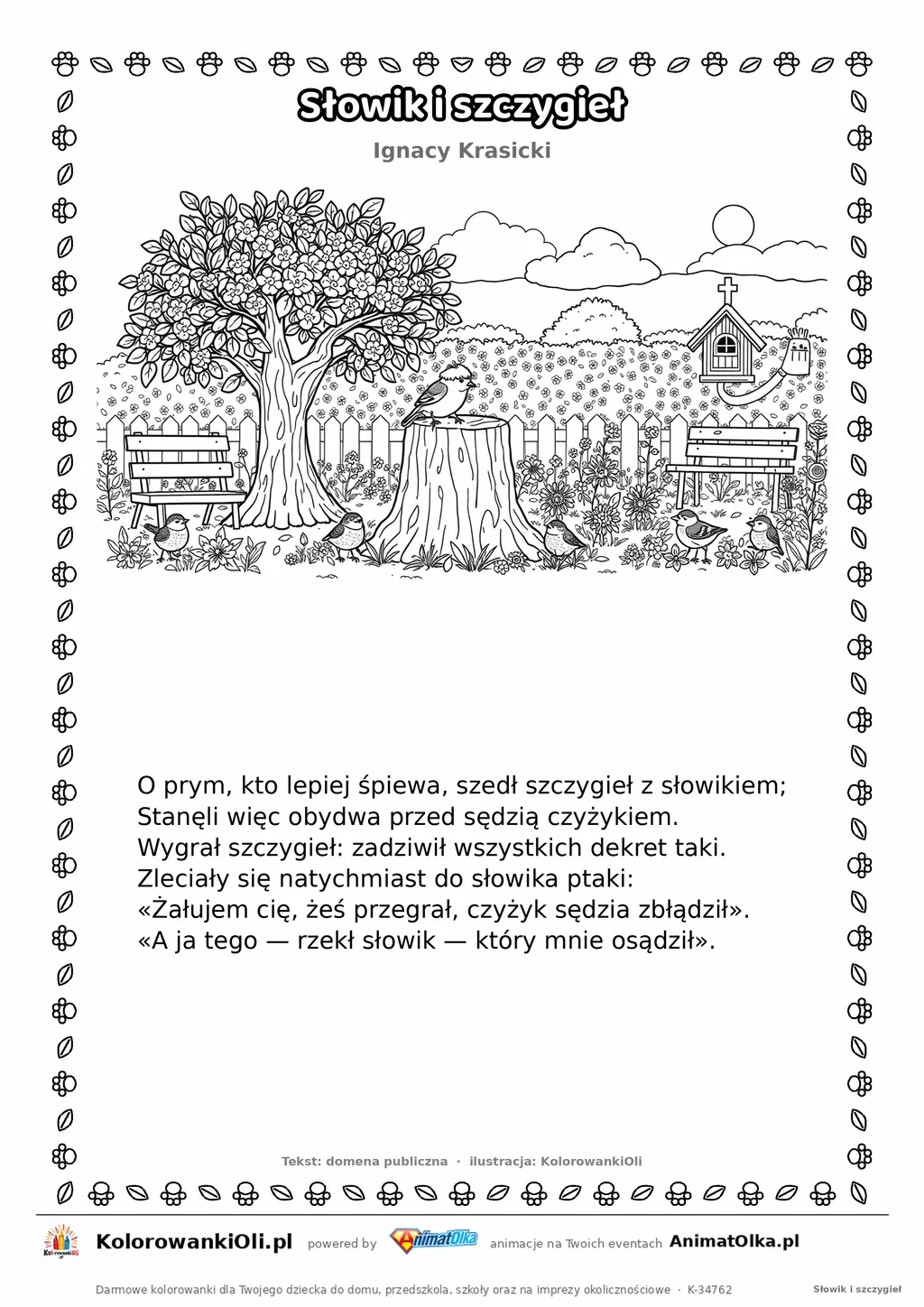 Słowik i szczygieł (Ignacy Krasicki) — tekst wiersza i ilustracja do kolorowania, karta A4 do druku