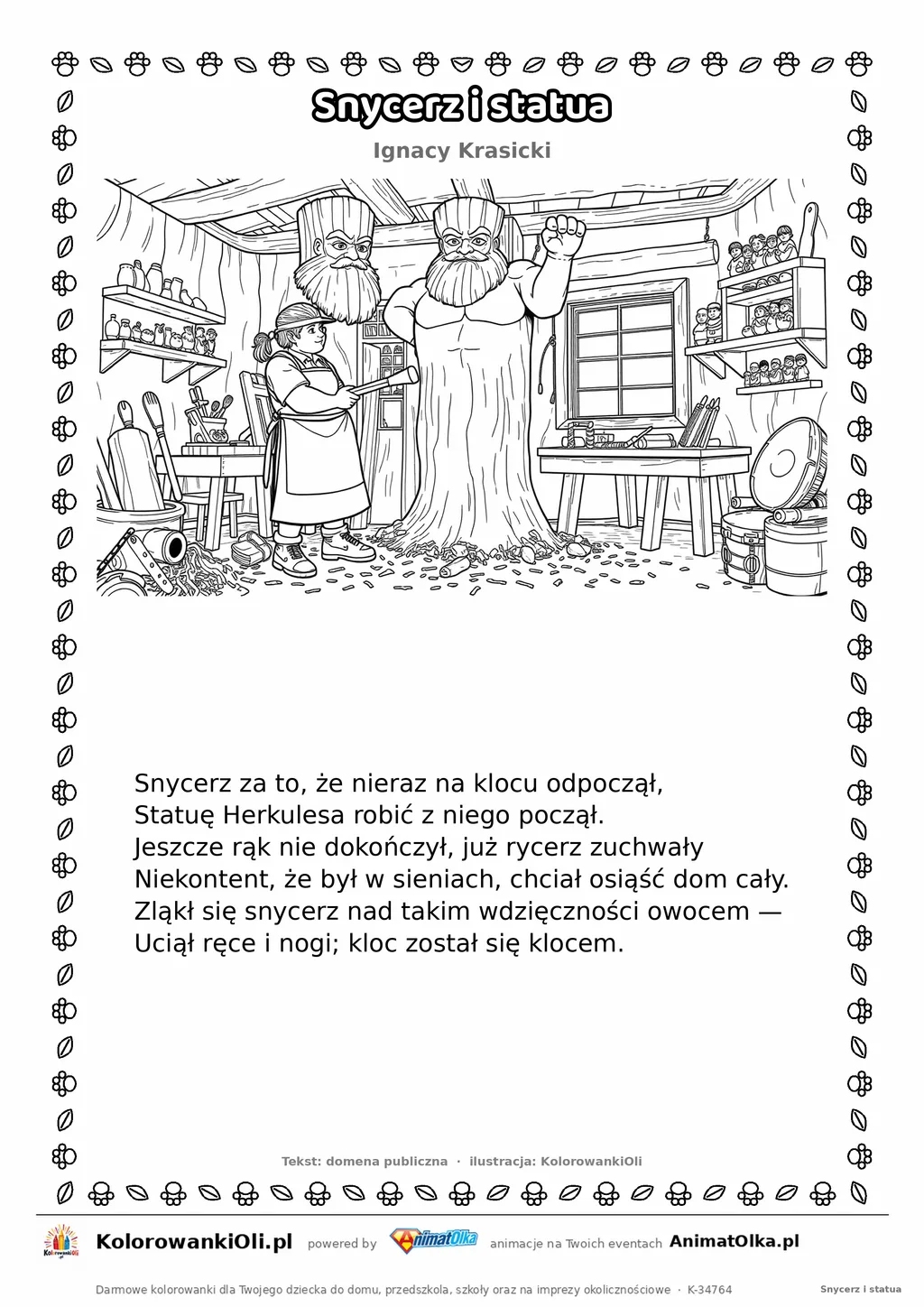 Snycerz i statua (Ignacy Krasicki) — tekst wiersza i ilustracja do kolorowania, karta A4 do druku
