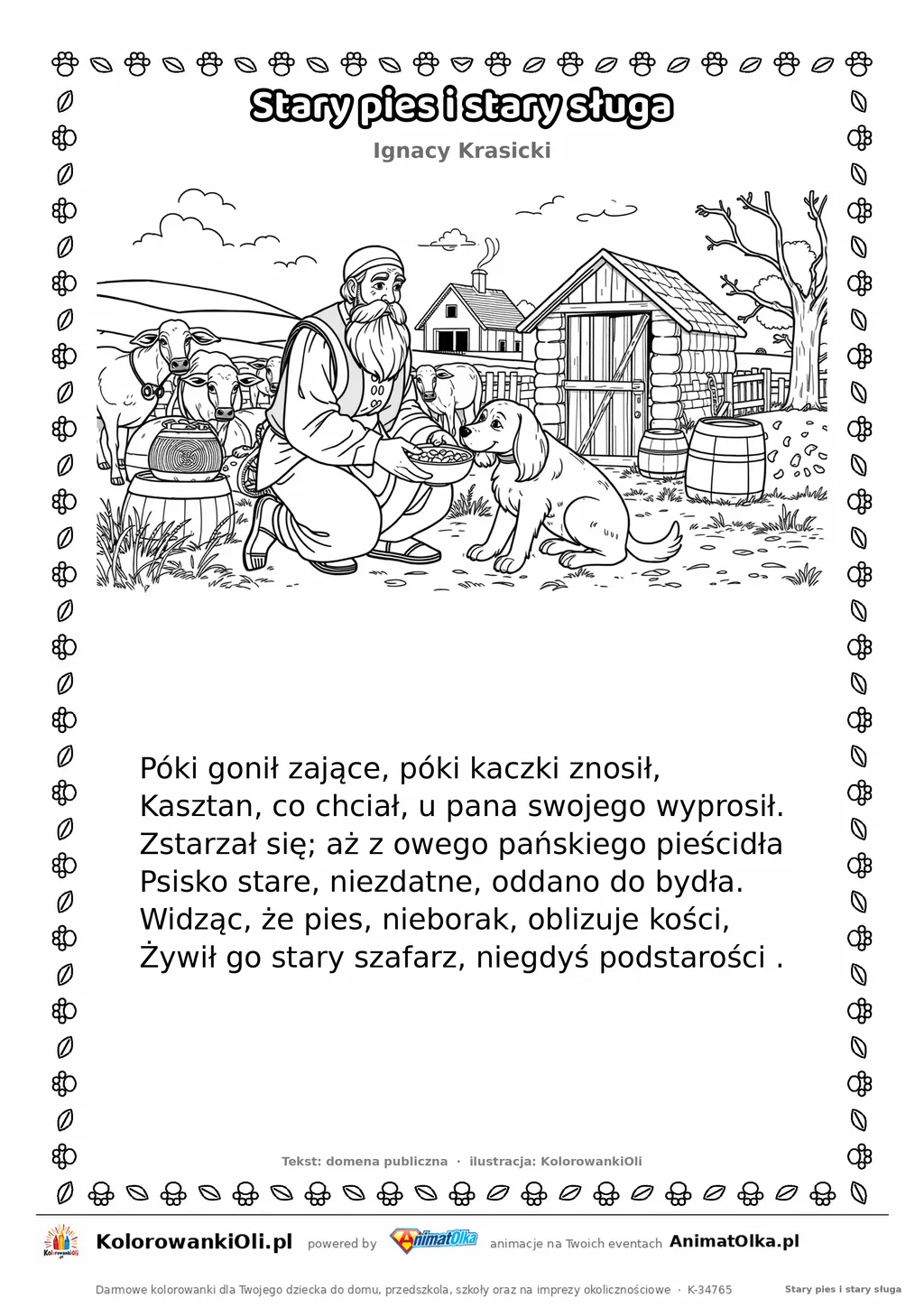 Stary pies i stary sługa (Ignacy Krasicki) — tekst wiersza i ilustracja do kolorowania, karta A4 do druku