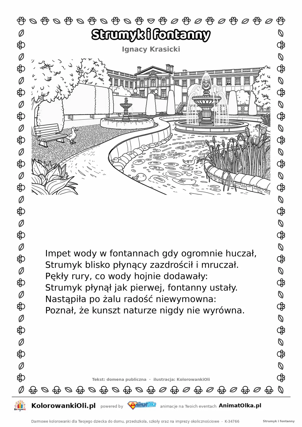 Strumyk i fontanny (Ignacy Krasicki) — tekst wiersza i ilustracja do kolorowania, karta A4 do druku