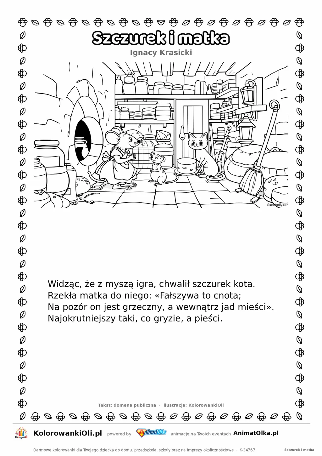 Szczurek i matka (Ignacy Krasicki) — tekst wiersza i ilustracja do kolorowania, karta A4 do druku