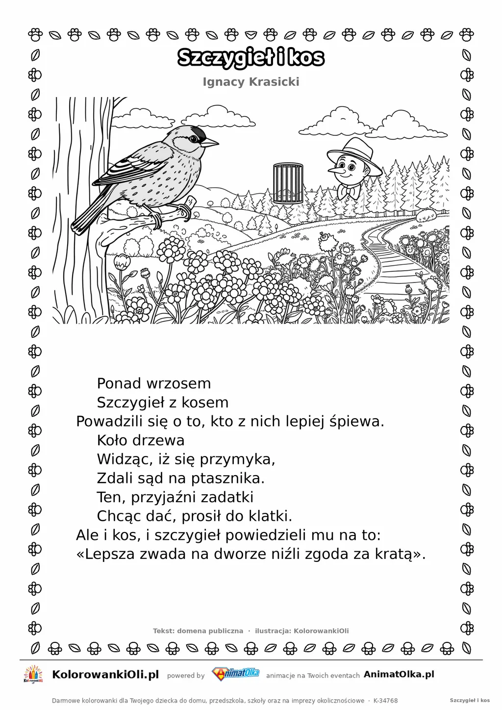 Szczygieł i kos (Ignacy Krasicki) — tekst wiersza i ilustracja do kolorowania, karta A4 do druku