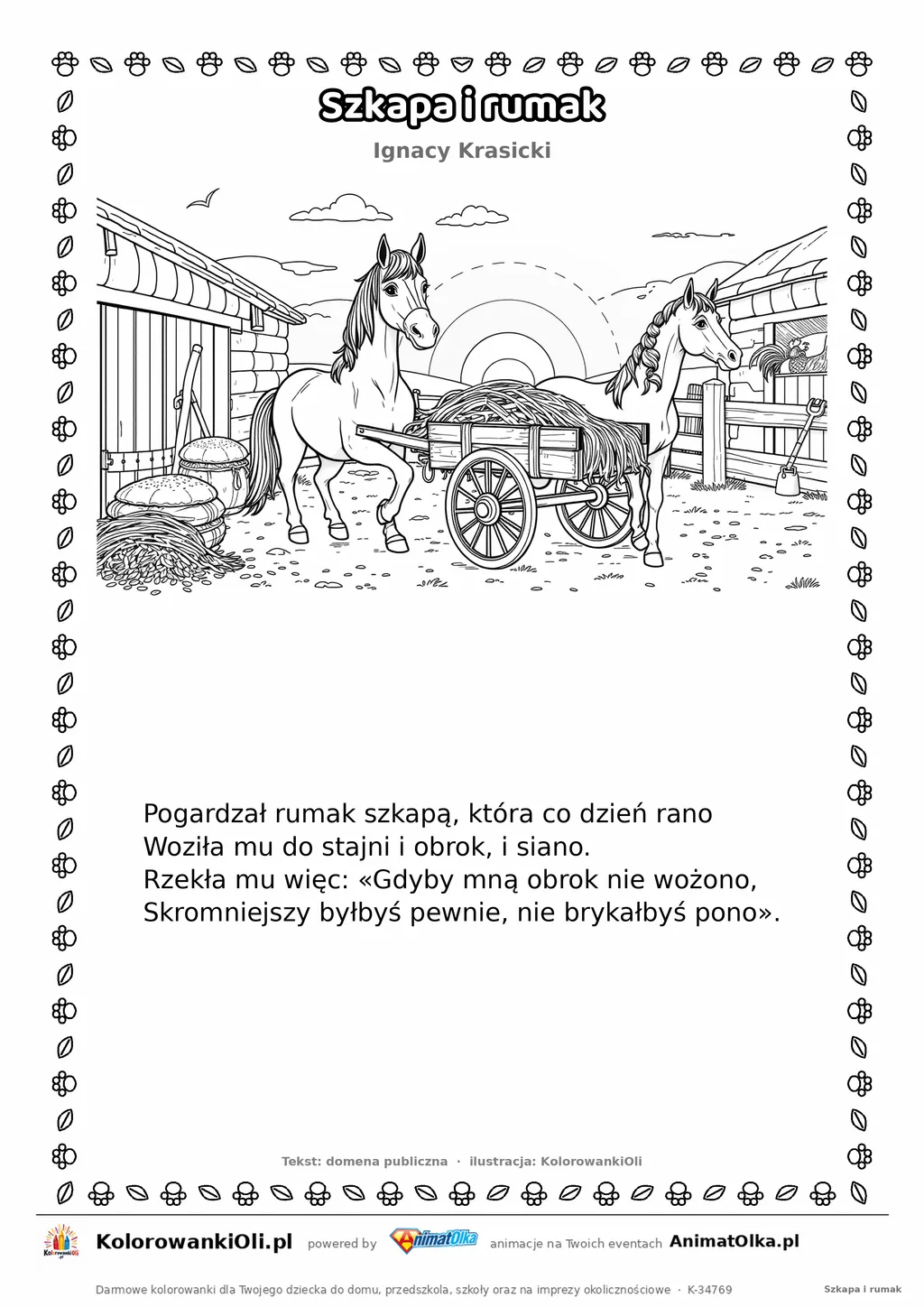 Szkapa i rumak (Ignacy Krasicki) — tekst wiersza i ilustracja do kolorowania, karta A4 do druku
