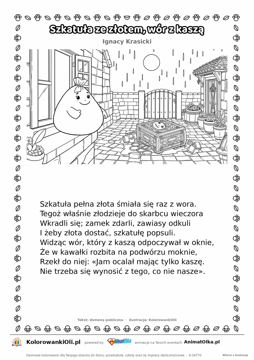 Szkatuła ze złotem, wór z kaszą (Ignacy Krasicki) — tekst wiersza i ilustracja do kolorowania, karta A4 do druku