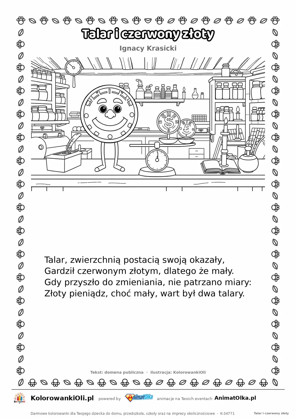 Talar i czerwony złoty (Ignacy Krasicki) — tekst wiersza i ilustracja do kolorowania, karta A4 do druku