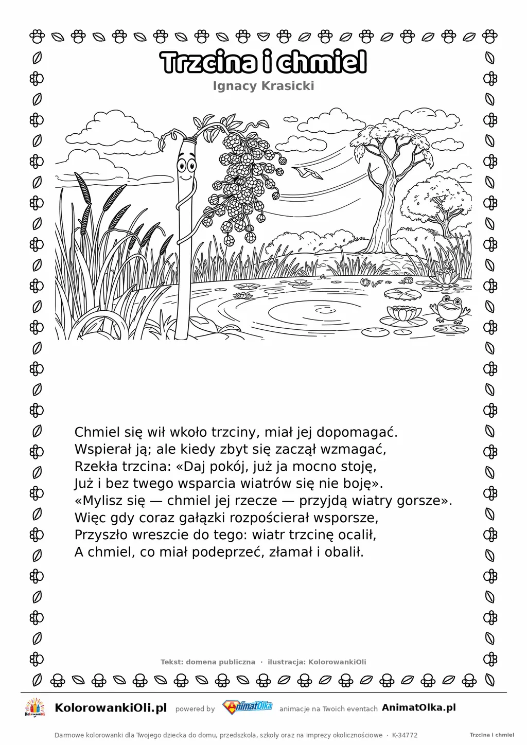 Trzcina i chmiel (Ignacy Krasicki) — tekst wiersza i ilustracja do kolorowania, karta A4 do druku
