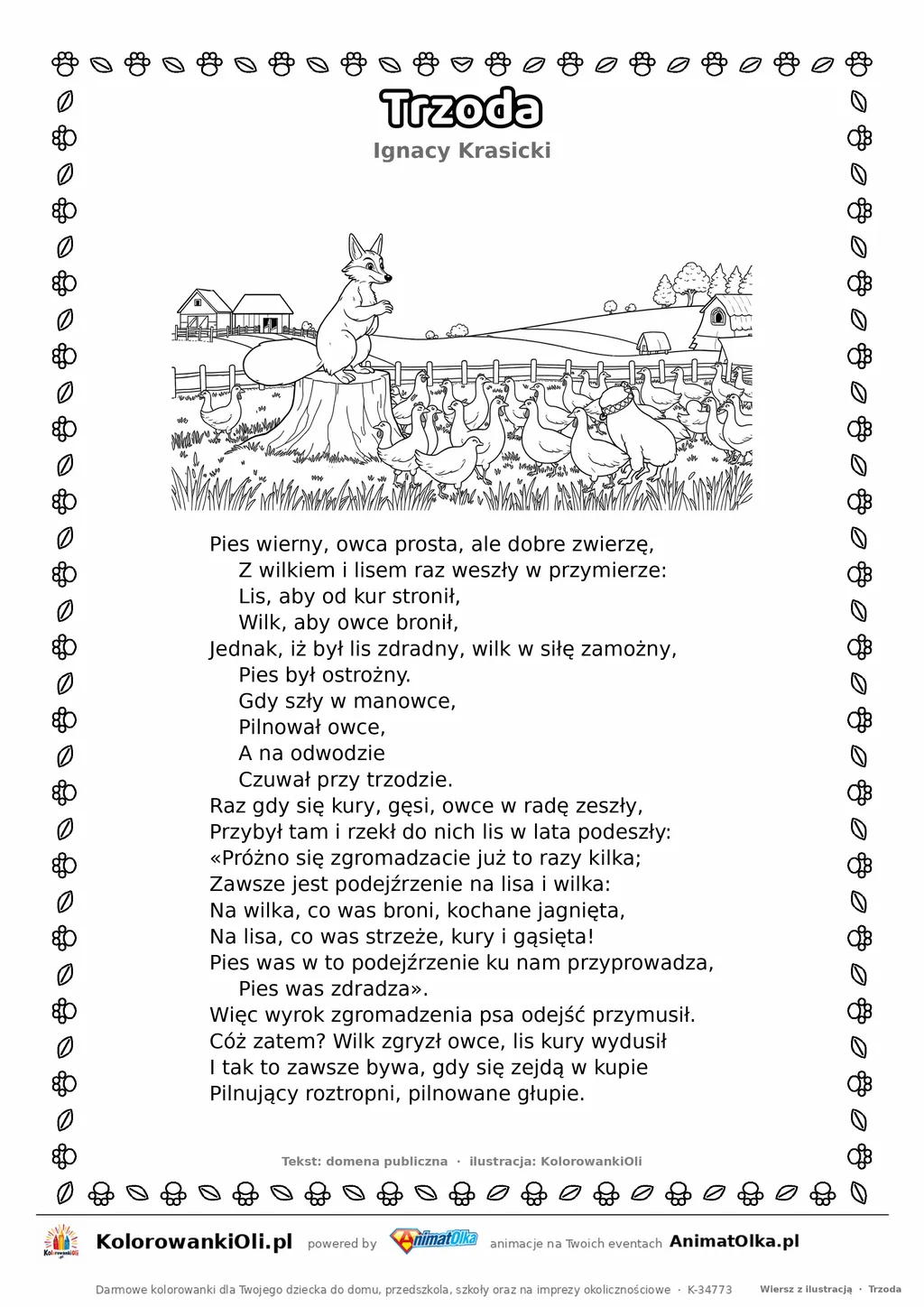Trzoda (Ignacy Krasicki) — tekst wiersza i ilustracja do kolorowania, karta A4 do druku