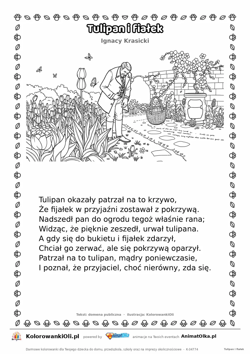 Tulipan i fiałek (Ignacy Krasicki) — tekst wiersza i ilustracja do kolorowania, karta A4 do druku