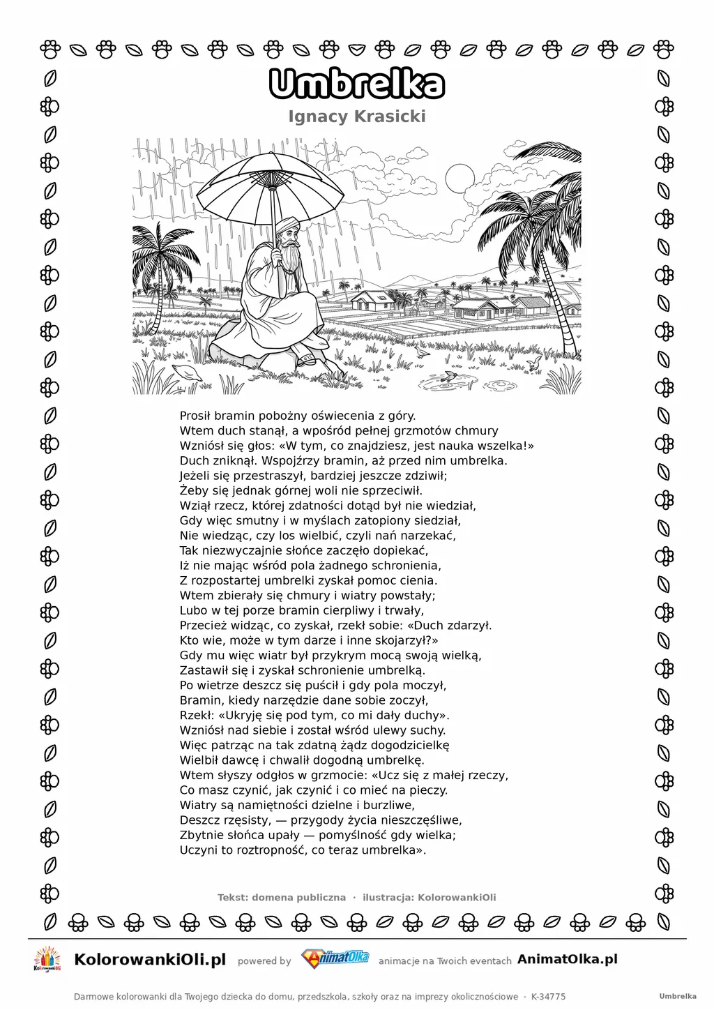 Umbrelka (Ignacy Krasicki) — tekst wiersza i ilustracja do kolorowania, karta A4 do druku