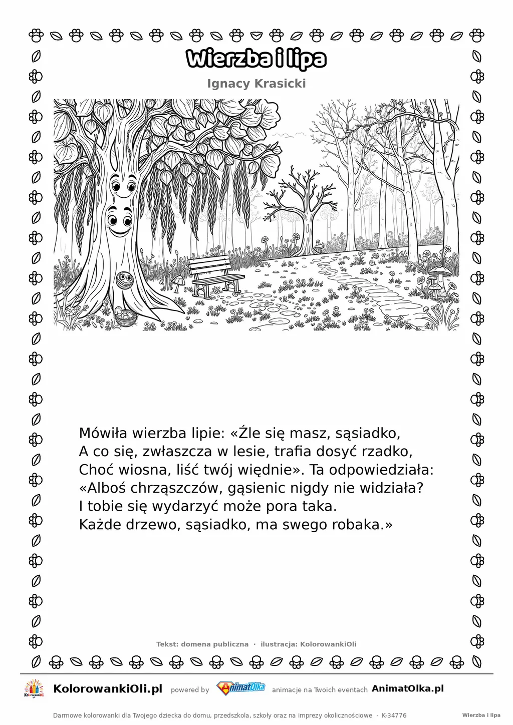 Wierzba i lipa (Ignacy Krasicki) — tekst wiersza i ilustracja do kolorowania, karta A4 do druku