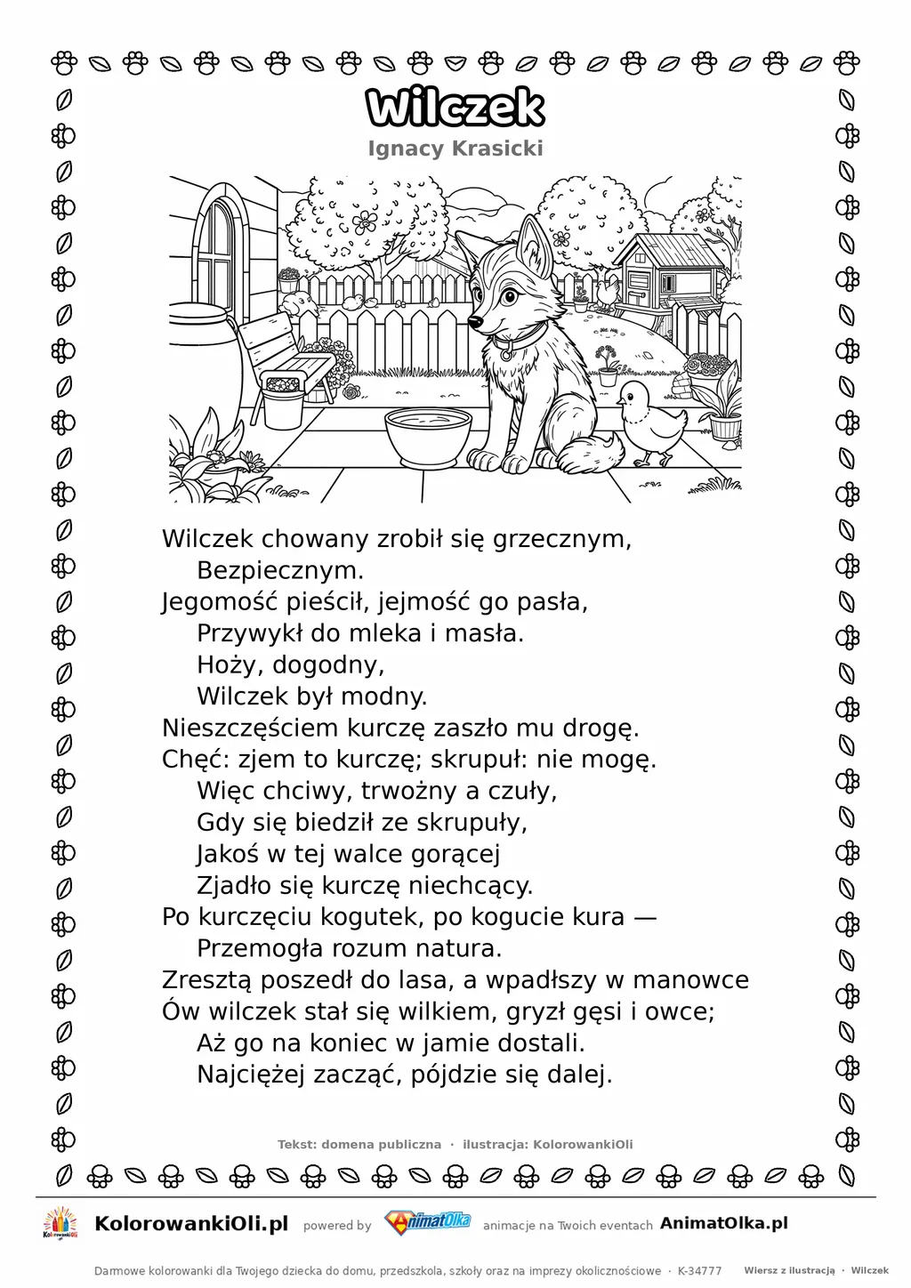 Wilczek (Ignacy Krasicki) — tekst wiersza i ilustracja do kolorowania, karta A4 do druku
