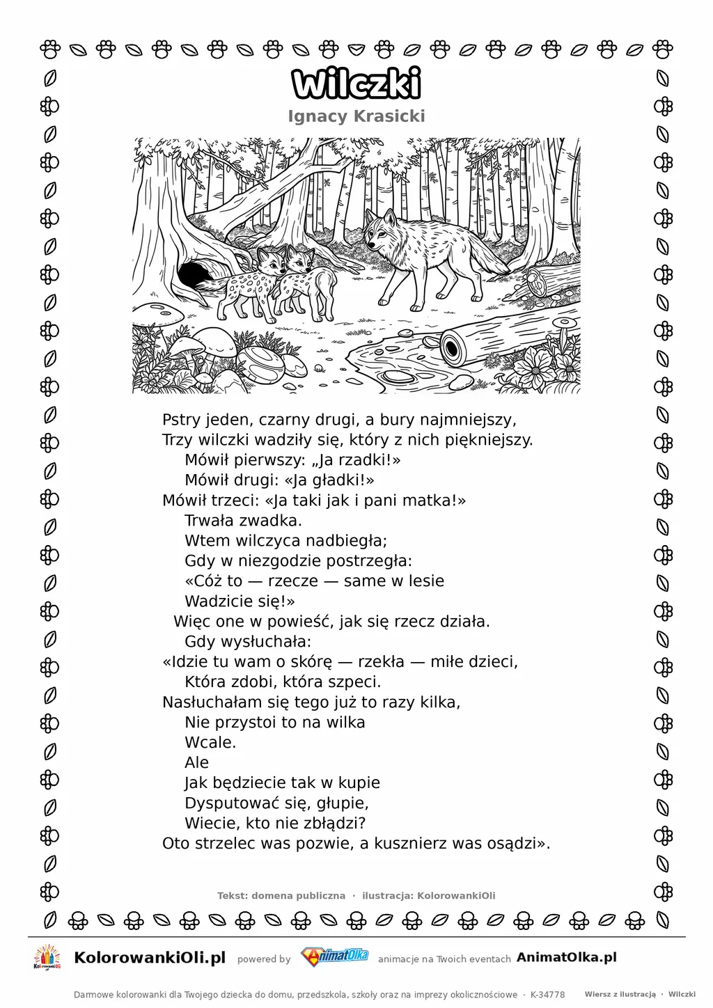 Wilczki (Ignacy Krasicki) — tekst wiersza i ilustracja do kolorowania, karta A4 do druku