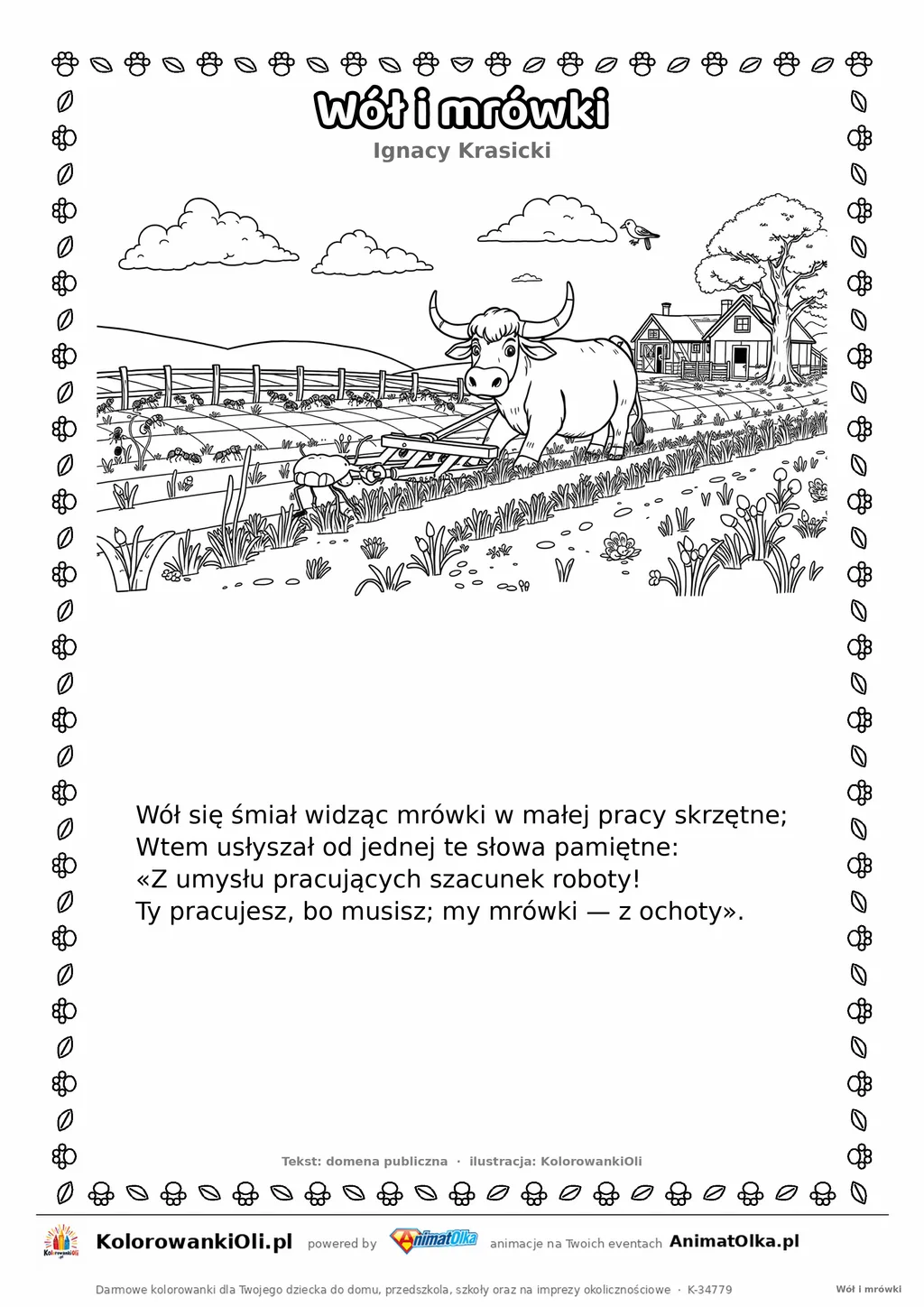 Wół i mrówki (Ignacy Krasicki) — tekst wiersza i ilustracja do kolorowania, karta A4 do druku