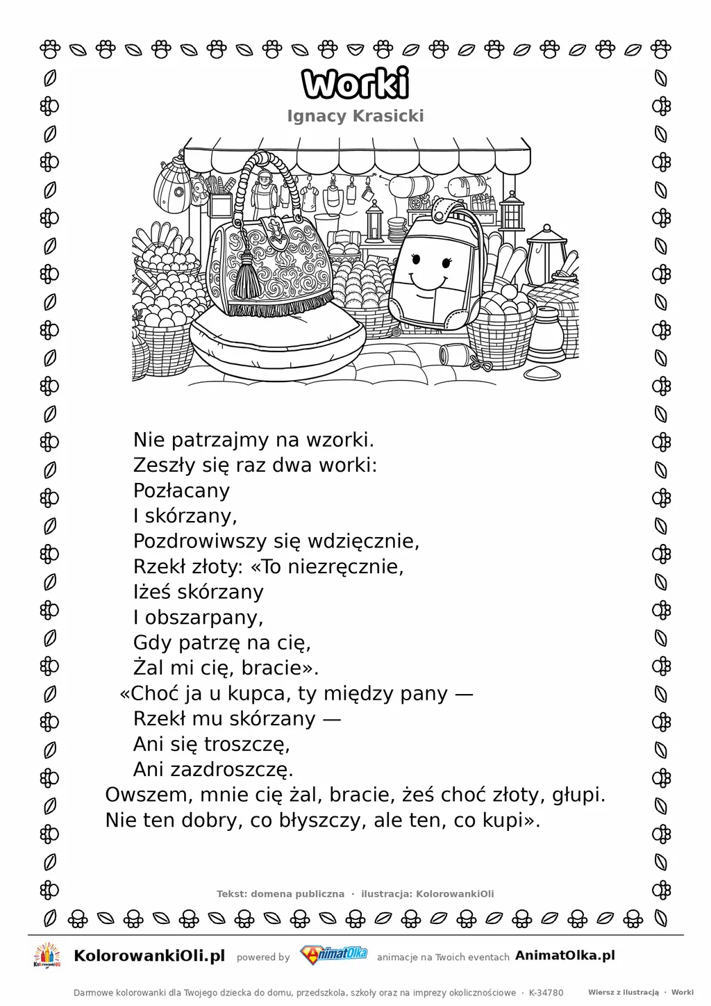 Worki (Ignacy Krasicki) — tekst wiersza i ilustracja do kolorowania, karta A4 do druku