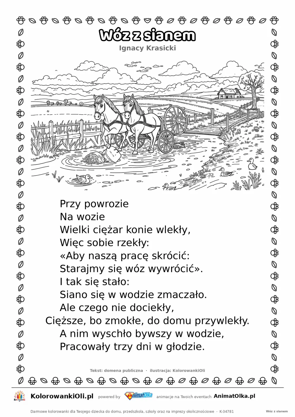 Wóz z sianem (Ignacy Krasicki) — tekst wiersza i ilustracja do kolorowania, karta A4 do druku
