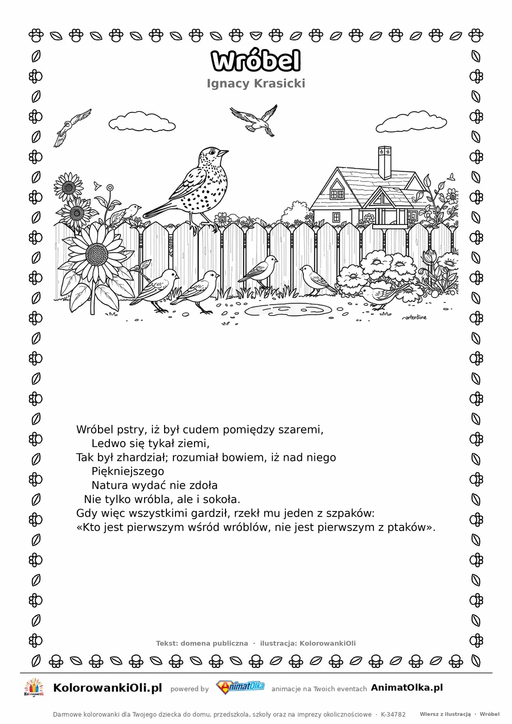 Wróbel (Ignacy Krasicki) — tekst wiersza i ilustracja do kolorowania, karta A4 do druku